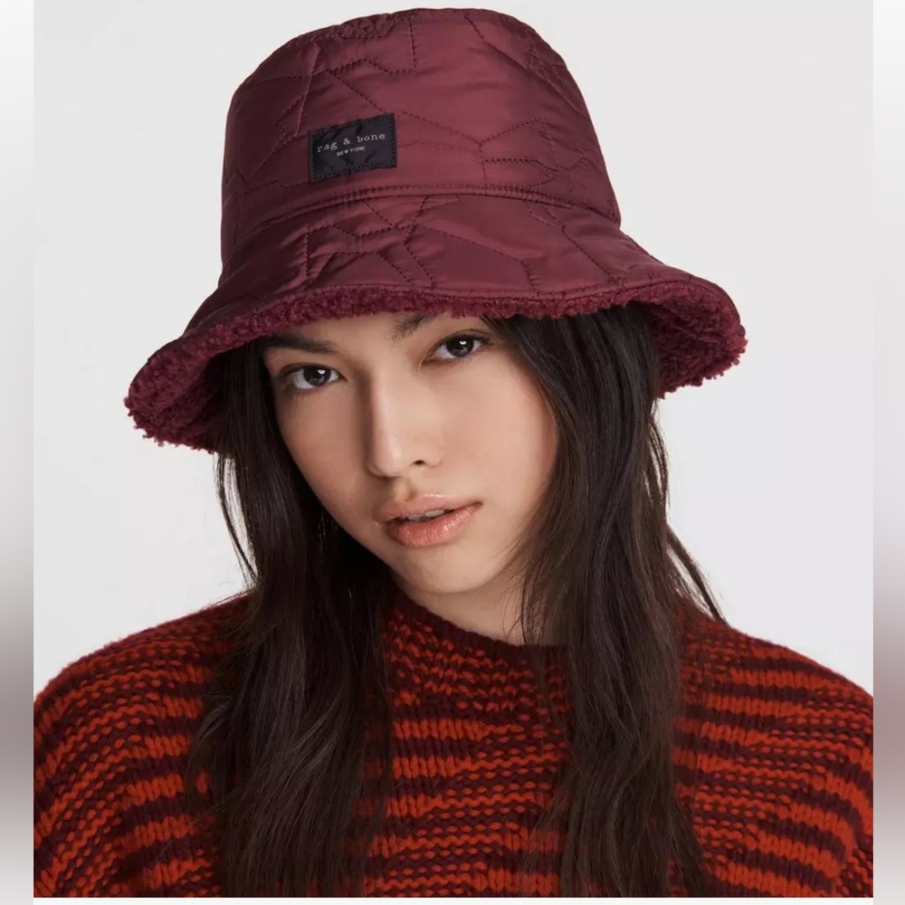 NWT rag & bone Addison Sherpa Lined Reversible Bucket Hat in Wine Burgundy